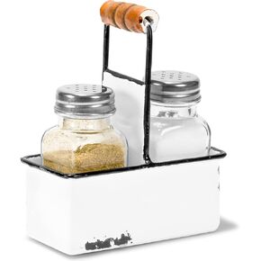 Red Co. Glass Salt & Pepper Shakers in Enamelware Metal Carrying Caddy with Wooden Handle, White/Black Rim
