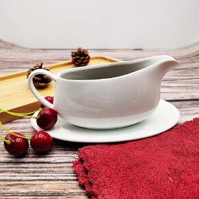 Porcelain Gravy Boat and Ceramic Tray, Easy Pour White Gravy Boat with Saucer Stand for Salad Dressings, Milk,Broth, Creamer Microwave & Dishwasher Safe (1 PC 11 OZ)