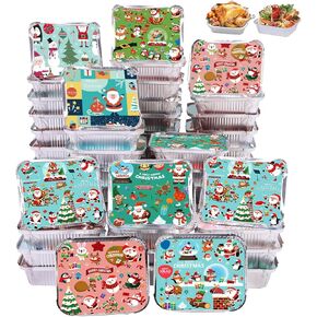 50 Pack Christmas Aluminum Pans with Lids Aluminum Food Containers Storage for Baking Roasting Meal Prep Christmas Party Holidays BBQ, 6.5 x 5 Inch