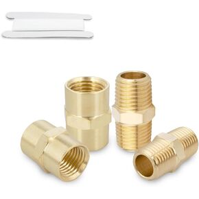4PCS Brass Pipe Fitting, Brass Hex Nipple Hex Coupler, Male Thread Pipe 1/4" x 1/4" NPT, Female Thread Pipe 1/4Inch x 1/4Inch NPT