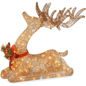 National Tree Company Pre-lit Artificial Christmas Décor | Includes Pre-strung White LED Lights and Ground Stakes | Sisal Splendor Champagne Lying Deer - 4 ft