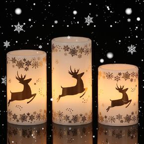 Eldnacele Christmas Flickering Flameless Candles with 6 Hour Timer, Silver Deer Decal Battery Operated Real Wax LED Pillar Candles Home Tabletop Holiday Decor(3Pcs,3×4/5/6 Inches)