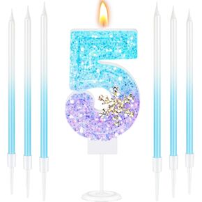 MTLEE Blue Snowflake Number 5 Birthday Candle 5 with 6 Long Thin Cupcake Candles Blue Birthday Cake Candles Sparklers Glitter Number Candles Cake Topper Decorations for Winter Party Supplies