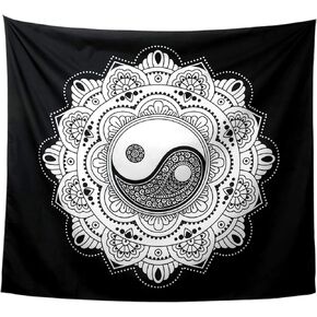 Ying Yang Tapestry Black and White Mandala Tapestry Wall Hanging Mystic Art Tapestry Wall Hanging Beach Blanket, 51.2" x 59.1"