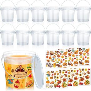 12 Pcs 34 oz Thanksgiving Buckets with 150 Stickers Thanksgiving Drink Containers Ice Cream Buckets with Lids and Handles Clear Plastic Bucket for Drinks Food snack Thanksgiving Party Supplies