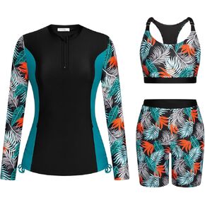 JASAMBAC 3 Piece Long Sleeve Rash Guard for Women Half Zip UPF 50+ Swim Shirt with Zipper Pockets Workout Athletic Swimsuits