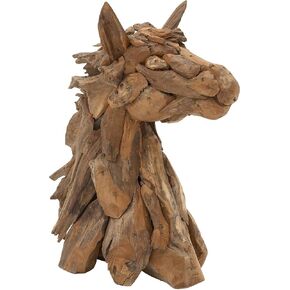 Deco 79 Teak Wood Horse Handmade Decorative Sculpture Head Home Decor Statue with Layered Woodchip Pieces, Accent Figurine 10" x 18" x 24", Brown
