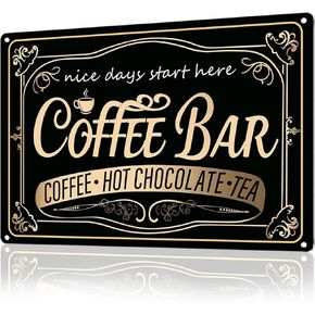 Coffee Bar Sign - 12 × 8'' Vintage Metal Signs with Coffee Hot Chocolate and Tea Coffee Signs for Coffee Station Home Kitchen Wall Decor, Indoor/Outdoor Use