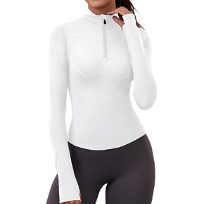Womens Workout Crop Tops Quick Dry Long Sleeve Quarter Zip Pullover Golf Shirt Yoga Athletic Slim Fit Shirts(White,X-Large)