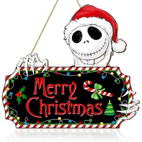 Christmas Door Sign Decorations Nightmare, Merry Christmas Front Door Hanger Decor Rustic Wood Hanging Wreath, Funny Skull Holiday Wooden Wall Sign Home Outdoor Yard Xmas Party Decorations