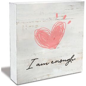 Inspirational Quote I am Enough Wood Box Sign Rusitc Heart Print Wooden Box Sign Farmhouse Home Office Desk Shelf Decor (5 X 5 Inch)
