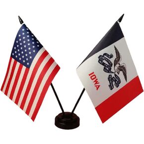 America & Iowa Twin Desk Flag, US Iowa Table Flags, 8 x 5 Inches American & Iowa Deluxe Desk Flag Set - Miniature USA & Iowa Stick Flag with Flag Stand