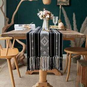 Boho Table Runner with Tassel 13.5x71Inch, Farmhouse Style Woven Table Runners, Linen Table Runner for Bedroom Party (Black and White)