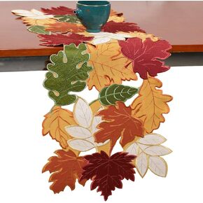 Embroidered Leaves Fall Table Runner 90 Inch Long Thanksgiving Autumn Havest Dining Table Decoration Leaf Cutwork Festive Holiday Orange Coffee Table