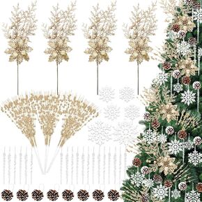 84 Piece Christmas Tree Ornaments Set, Christmas Glitter Berries Stems Poinsettia Flower Artificial Snowflake Icicle Drop - DIY Xmas Wreath Holiday Home Party Decor(Blue)