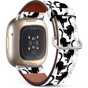 Compatible with Fitbit Sense 2 / Sense/Versa 4 / Versa 3 Patterned Leather Replacement Band (Black Cats And White Cats)