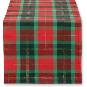 Cackleberry Home Red and Green Christmas Plaid with Gold Lurex Woven Fabric Table Runner Reversible 14 x 48 Inches