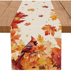 Fall Table Runner Design for Cardinal Red Bird Maple Leaves Autumn Thanksgiving Table Decorations Home Kitchen Dining Party Decor 13x72 Inch