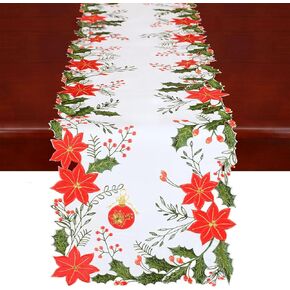 Simhomsen Embroidered and Appliqued Christmas Holiday Poinsettia Flowers, Holly and Berries Table Runner (Red, 14 × 68 inches)