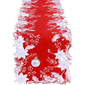 Simhomsen Embroidered and Appliqued Christmas Holiday Poinsettia Flowers, Holly and Berries Table Runner (Red, 14 × 68 inches)