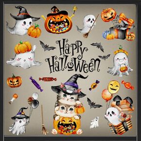 JUNEBRUSHS Halloween Window Clings, 8 Sheets Large Halloween Window Stickers Ghosts Candy Pumpkins for Halloween Home Party Supplies Shop Window Decals Glass Display Decoration