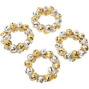 4pcs Christmas Bell Napkin Ring, Red and Green Jingle Bell Wreath Napkin Ring for Christmas Holiday Party Wedding Dinner Table Decor, Gold + Silver