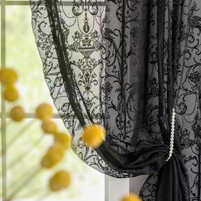 Black Lace Curtains 63 Inch Length 2 Panels - Victorian Halloween Sheer Floral Gothic Curtains for Bedroom Whimsy Dark Academia Curtains Rod Pocket Privacy Window Curtains, 59 x 63 Inch, Black