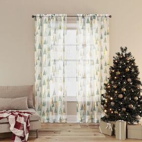 No. 918 Balsam Christmas Tree Sheer Rod Pocket Curtain Panel, 37" x 84", Pine Green