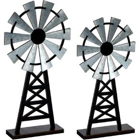 Set of 2 Wooden Farmhouse Windmill Table Top Decor Wood Small Distressed Windmill Table Decor Black Grey Rustic Windmill Themed Table Decor for Kitchen Garden Home Decor