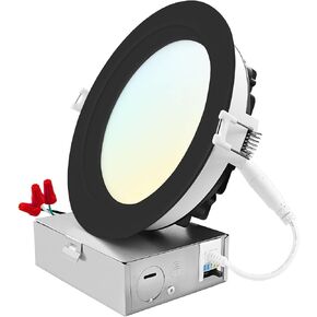 LUXRITE 6 Inch LED Recessed Ceiling Light with Junction Box, 18W, 5CCT 2700K/3000K/3500K/4000K/5000K, 1800LM High Brightness, Dimmable Canless Downlight, Wet Rated, IC Rated, ETL - Black