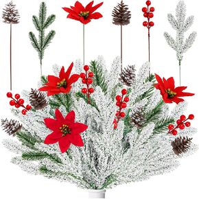 37PCS Christmas Snowy Pine Branches Fake Plants Decorations Artificial Cedar with Faux Poinsettia Flowers Pine Cone Berry Stems Winter Sprays Picks for Crafts Home Holiday Decor