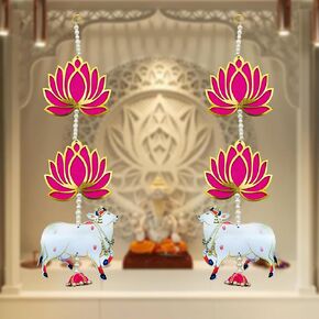 Handmade Artificial Pink Lotus Flower Hangings with Cow Style Motifs for Decoration, Indian Wall Decor for Festival, Home, Temple and Door Entrance (10x42 cm)