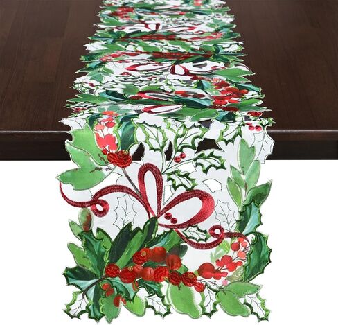 Grelucgo Embroidered Christmas Holiday Holly Leaves Table Runner (14x108 inches) in Saudi Arabia