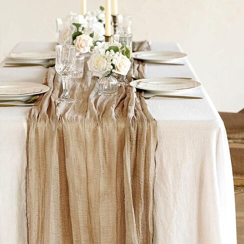 قطعتان من ديكور طاولة بوهو - قطعة واحدة بطول 10 أقدام و120 بوصة مفرش طاولة من القماش القطني الطويل مع شريط شيفون واحد بطول 5 ياردة، مفرش طاولة من شاش الطين للعشاء، وحفلات أعياد الميلاد، وحفلات استقبال المولود الجديد، وحفلات الزفاف in Kuwait