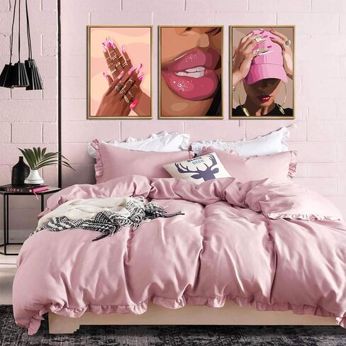 3Pcs African American Black Woman Canvas Wall Art pink Fashion Black Girl Wall Decor Pictures Posters Prints for Home Living Room Bedroom Bathroom Decoration Prepare to hang in Saudi Arabia