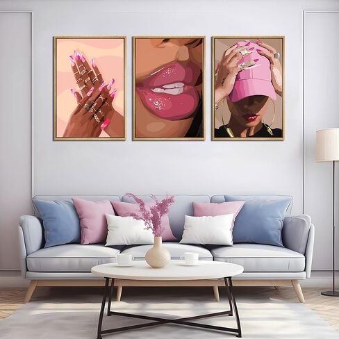 3Pcs African American Black Woman Canvas Wall Art pink Fashion Black Girl Wall Decor Pictures Posters Prints for Home Living Room Bedroom Bathroom Decoration Prepare to hang in Saudi Arabia