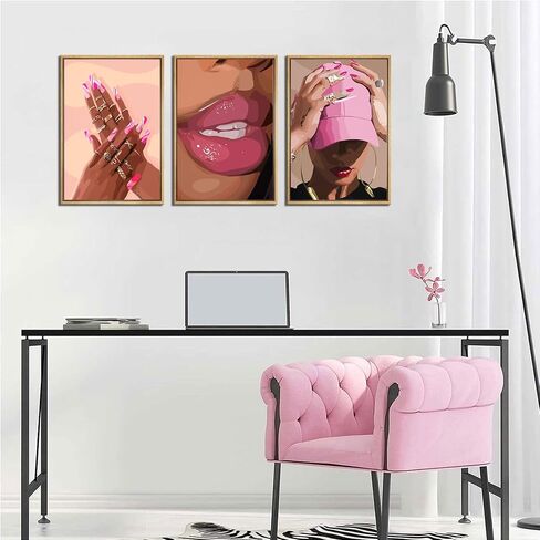 3Pcs African American Black Woman Canvas Wall Art pink Fashion Black Girl Wall Decor Pictures Posters Prints for Home Living Room Bedroom Bathroom Decoration Prepare to hang in Saudi Arabia