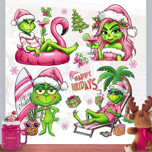 Mfault Merry Christmas Flamingo Beach Window Clings 4 Sheets, Tropical Xmas Tree Red Truck Believe Stickers Decals Decorations, Winter New Year 2025 Party Home Kitchen Decor Holiday Gifts in Saudi Arabia