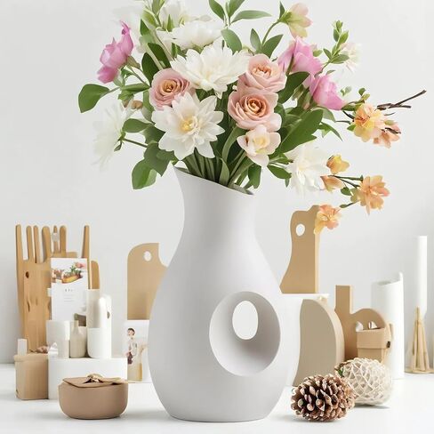 Cute White Vase, Minimalism Flower Vase, Handmade Ceramic Vase, Decorative for Pampas Grass, Unique Vase for Home Décor Living Room Coffee Table, Ins Modern Style Vase for Wedding Houseware, 9 Inch in Saudi Arabia