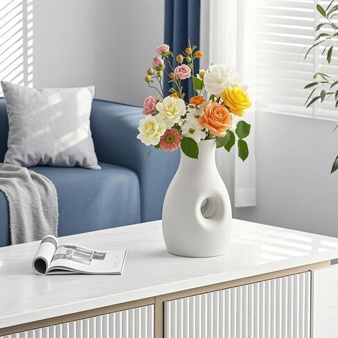 Cute White Vase, Minimalism Flower Vase, Handmade Ceramic Vase, Decorative for Pampas Grass, Unique Vase for Home Décor Living Room Coffee Table, Ins Modern Style Vase for Wedding Houseware, 9 Inch in Saudi Arabia