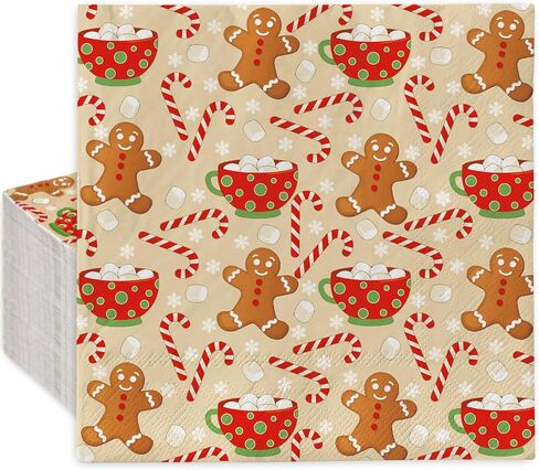 AnyDesign 100 Pack Christmas Paper Napkins Gingerbread Man Candy Cane Snowflake Disposable Luncheon Dinner Napkins Xmas Winter Decorative Napkin for Home Kitchen Party, 6.5 x 6.5 Inch in Saudi Arabia