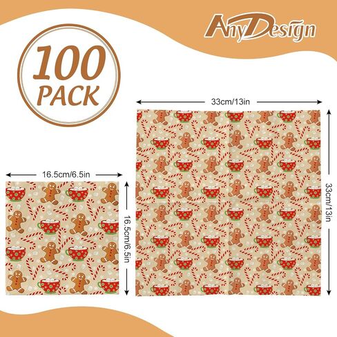 AnyDesign 100 Pack Christmas Paper Napkins Gingerbread Man Candy Cane Snowflake Disposable Luncheon Dinner Napkins Xmas Winter Decorative Napkin for Home Kitchen Party, 6.5 x 6.5 Inch in Saudi Arabia