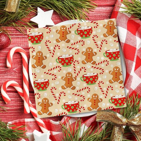 AnyDesign 100 Pack Christmas Paper Napkins Gingerbread Man Candy Cane Snowflake Disposable Luncheon Dinner Napkins Xmas Winter Decorative Napkin for Home Kitchen Party, 6.5 x 6.5 Inch in Saudi Arabia