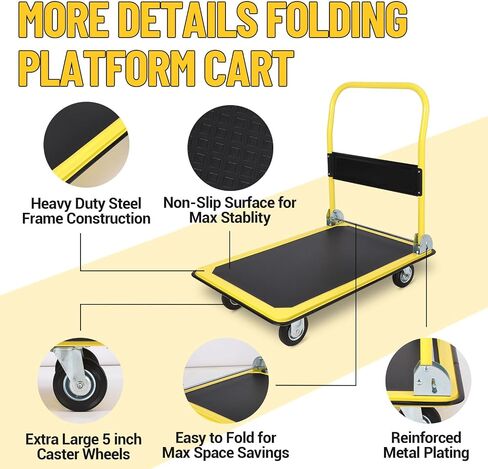 Platform Trucks Cart 2000LBS, Foldable Steel Hand Push Cart Dolly with 4" Rubber Wheels, Heavy Duty Flat Cart 48" x 24" for Loading and Moving, Home Office Warehouse in Saudi Arabia
