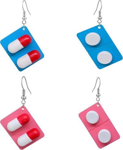 QUPENGXU 2 Pairs Funny Medicine Pills Earrings Unique Lovely Handmade Wooden Capsule-shaped Pills Board Dangle Drop Earrings Set for Women in Saudi Arabia