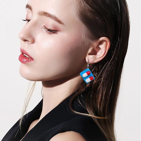 QUPENGXU 2 Pairs Funny Medicine Pills Earrings Unique Lovely Handmade Wooden Capsule-shaped Pills Board Dangle Drop Earrings Set for Women in Saudi Arabia