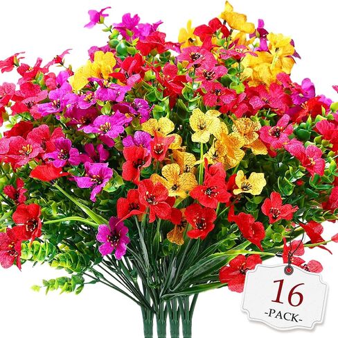 16 Bundles Artificial Flowers for Outdoors, Violet Artificial Faux Plants Fake Flowers Greenery Shrubs Plants for Decoration, Realistic UV Resistant for Home Planter Porch Patio Yard Decor in Saudi Arabia