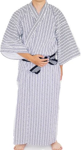3-Piece Japanese Yukata Set for Men, Striped Kimono Robe, Large, Medium, White in Saudi Arabia