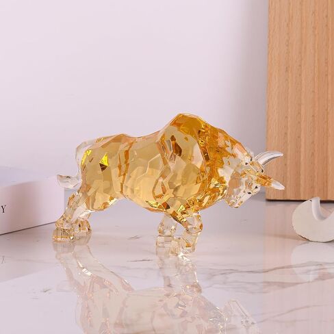 Acrylic Bull Statue Feng Shui Wall Street Bull Statue, Stock Market Charging Bull Sculpture Office Desk Decorative, Gold Bull Figurines for Tv Stand Knick Knacks Home Decor for Shelves para in Kuwait