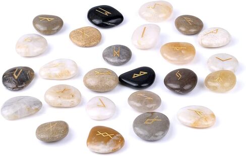 مجموعة أحجار رون منقوشة بالأحجار الكريمة من MrMrMrKura مكونة من 25 قطعة مع أبجدية Elder Futhark وحقيبة مخملية لشفاء الريكي من أجل شفاء شقرا التأمل والعرافة in Kuwait
